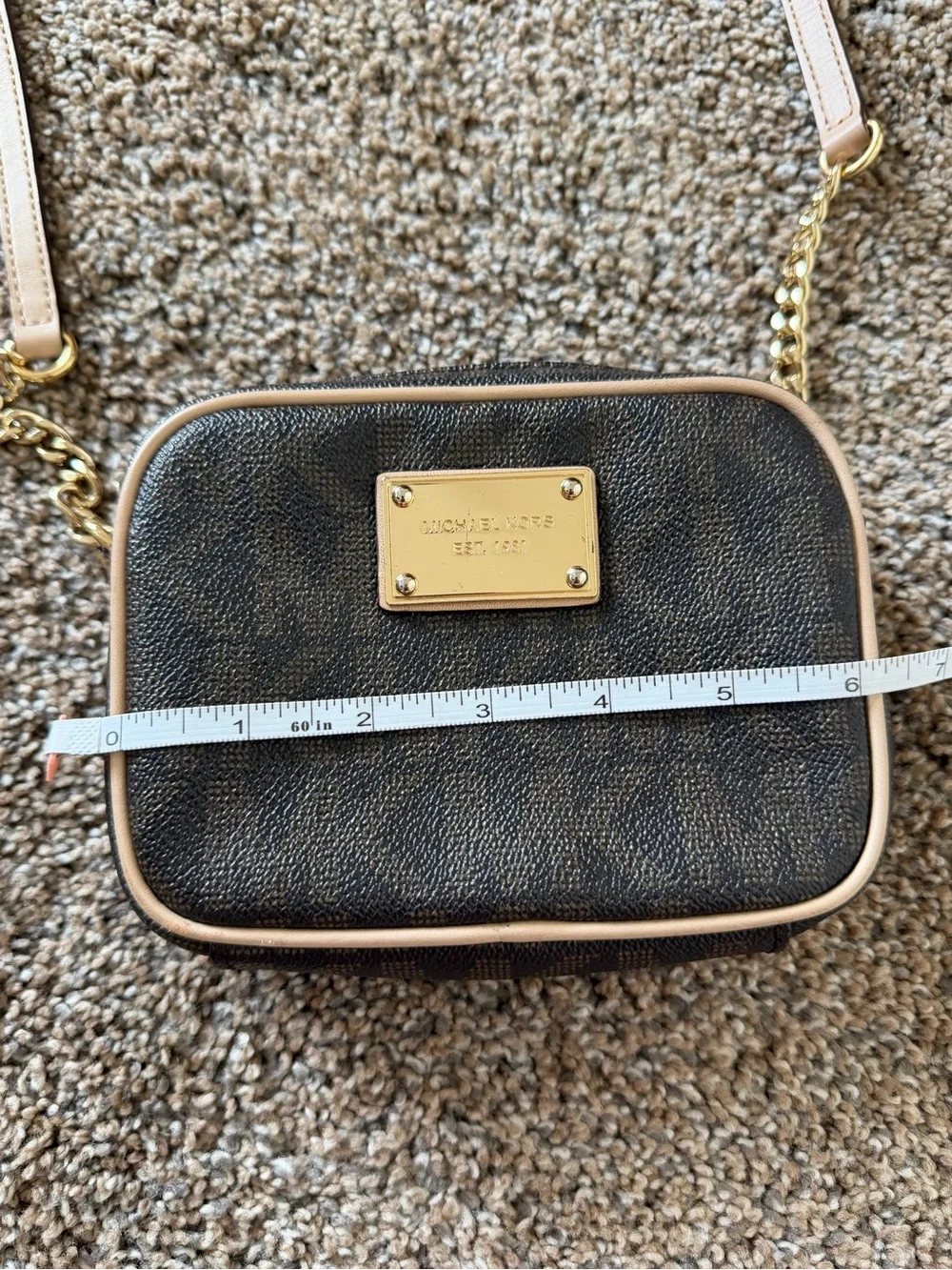 MICHAEL KORS Jet MK Logo Small Signature Camera Crossbody Bag Brown Gold Purse
